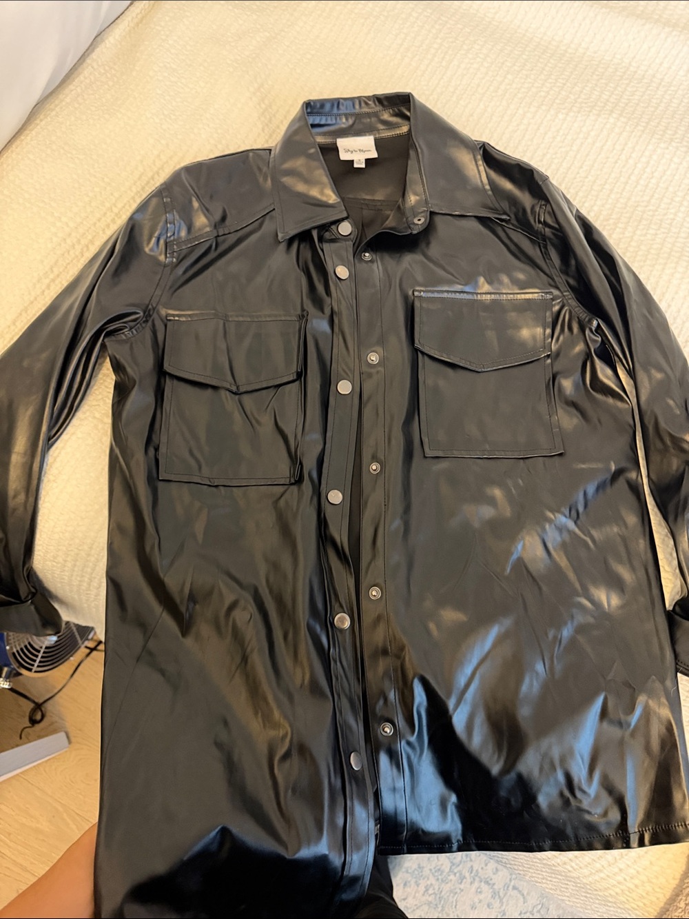 Black Faux Leather Button-Front Utility Jacket